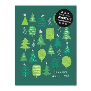 Season's Greetings Card Set - Season's Greetings card with green background, stylized Christmas trees, and handmade Canadian gift design.