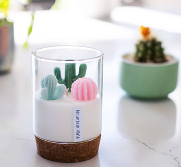 Cactus Candle | Soy Blend Candle: Beach Vibe - Handmade Canadian soy blend candle with unique cactus-shaped decorations in clear glass and cork base, perfect gift.