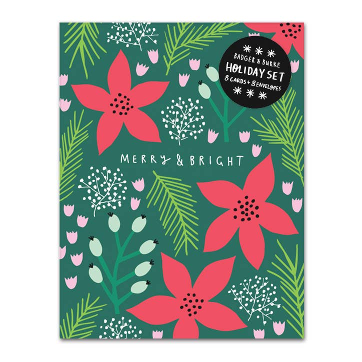 A turquoise card with various flowers on it and the words "Merry and Bright"