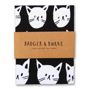 Many Cats Tea Towel - Black cotton tea towel with white cat faces, handmade Canadian gift by Badger & Burke.