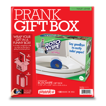 Prank Gift Box Roto Wipe - Red prank gift box with Canadian handmade Roto Wipe toilet paper holder, unique gag gift packaging.