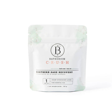 Northern Sage Recovery Crush Bath Soak - Northern Sage Recovery Crush Bath Soak in white resealable pouch, unique handmade Canadian spa gift.