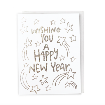 Happy New Year, Greeting Card - Handmade Canadian New Year greeting card with gold foil stars and "Wishing You A Happy New Year" text, unique gift design.