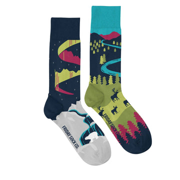 Men's Socks | Canadian Landscape | North Canada | Mismatched - Mismatched handmade men's socks with colorful Canadian landscape and wildlife design, unique gift idea.