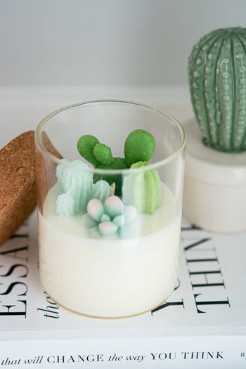 Prickly Pear Cactus Candle | Soy Blend: Mountain Walk - Handmade Canadian soy candle with green prickly pear cactus wax decoration, unique gift.
