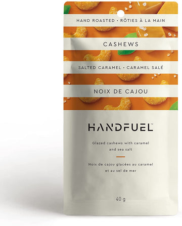 Handfuel Salted Caramel Cashews (40g) - Handfuel salted caramel cashews in white and orange handmade Canadian gift pouch, 40g.