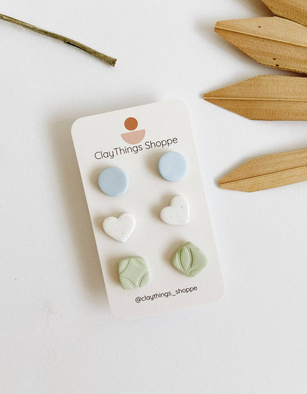Spring Stud Set, Pack of 3, Polymer Clay Studs