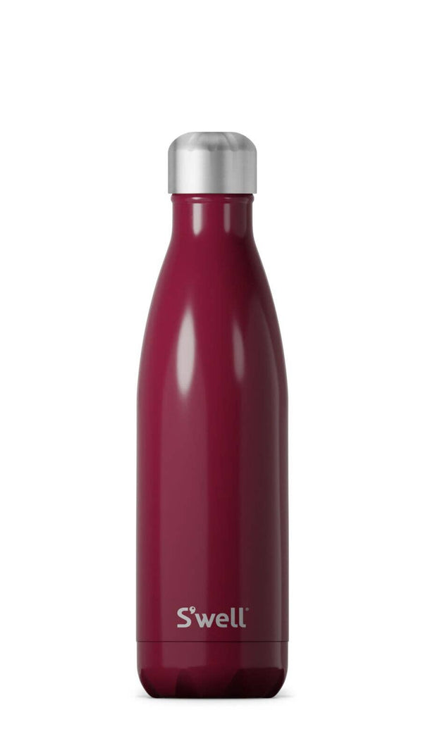 Dark red water bottle with a stainless steel lid