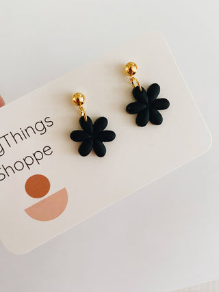 Mini Flower Dangles, Black Earrings, Polymer Clay