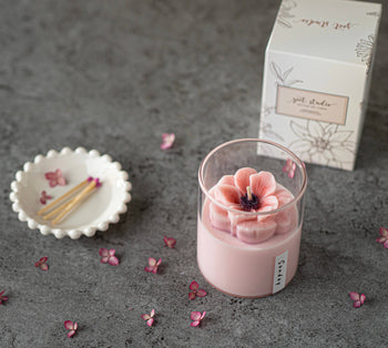 Anemone Floral Soy Candles - 8 oz: Pink - Sunday - Pink handmade soy candle with floral design in clear glass, unique Canadian gift with box.
