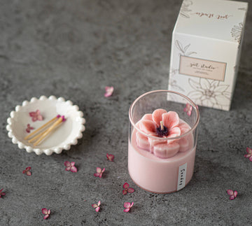 Anemone Floral Soy Candles - 8 oz: Pink - Sunday - Pink handmade soy candle with floral design in clear glass, unique Canadian gift with box.