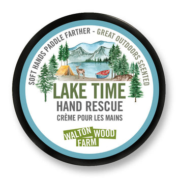 Lake Time Hand Rescue (4oz) - Round tin of Lake Time Hand Rescue cream with Canadian outdoors illustration, handmade gift.