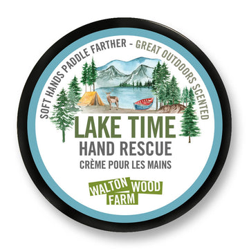 Lake Time Hand Rescue (4oz) - Round tin of Lake Time Hand Rescue cream with Canadian outdoors illustration, handmade gift.