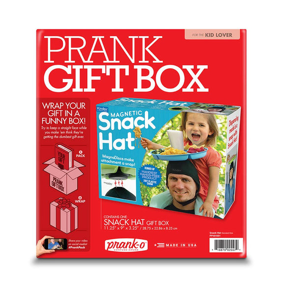 Prank Gift Box Snack Hat - Red prank gift box featuring a unique handmade Canadian snack hat with magnetic snack holder design.