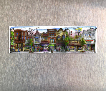 The Junction Fridge Magnet - Handmade Canadian fridge magnet featuring colorful illustration of The Junction neighborhood buildings, unique gift.