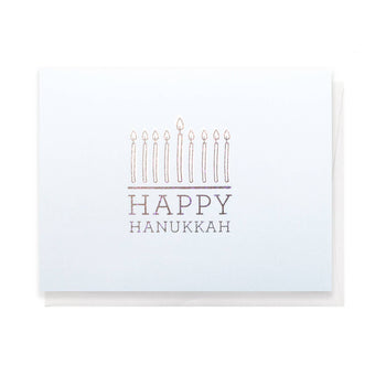 Happy Hanukkah, Greeting Card - White greeting card with minimalist gold foil Hanukkah menorah and "Happy Hanukkah" text, unique handmade Canadian gift.