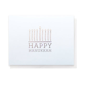 Happy Hanukkah, Greeting Card - White greeting card with minimalist gold foil Hanukkah menorah and "Happy Hanukkah" text, unique handmade Canadian gift.