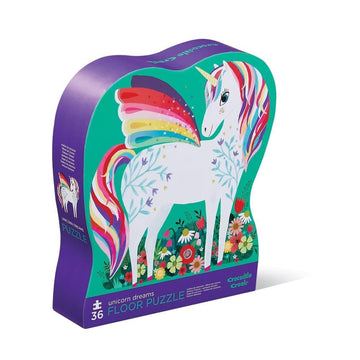 36 PC Puzzle: Unicorn Garden - Colorful unicorn-shaped puzzle box with rainbow wings and floral garden, unique handmade Canadian gift.