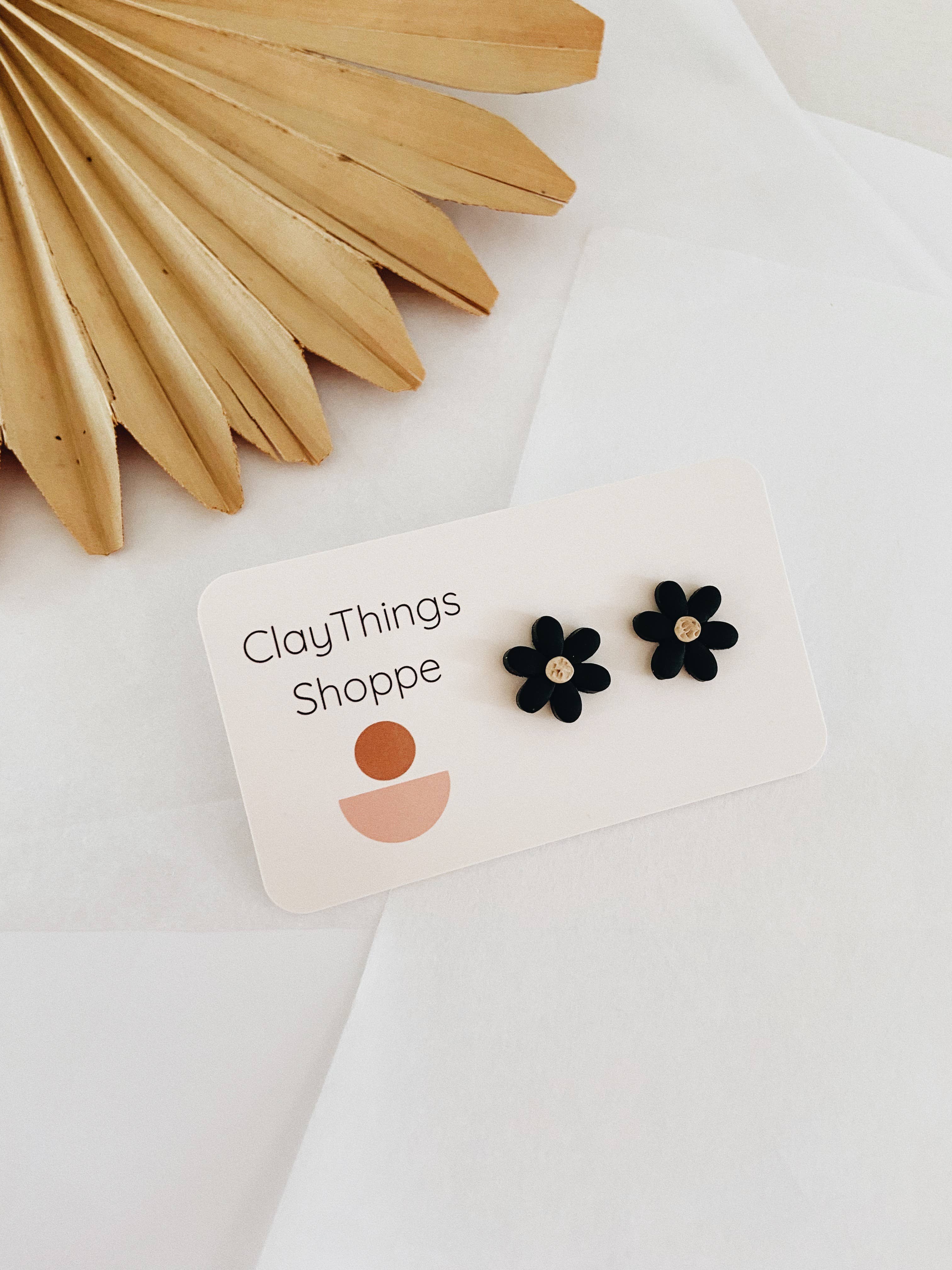 Black Flower Studs, Daisy Studs, Polymer Clay Flower Studs