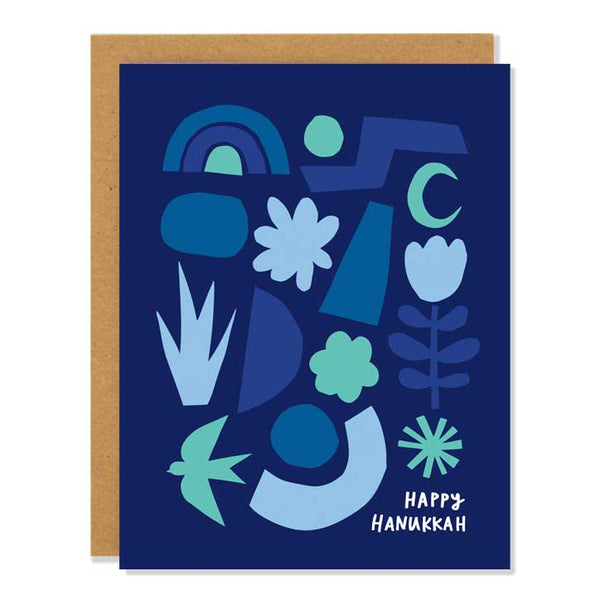 A blue card with abstract shapes on it with the words 
