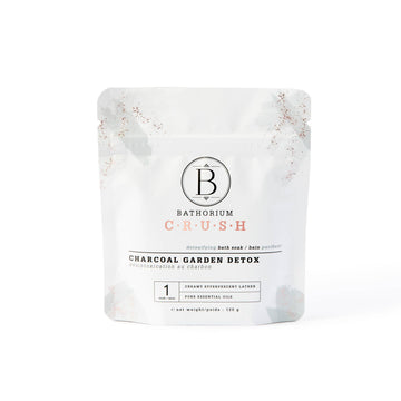 Charcoal Garden Detox Crush Bath Soak - Charcoal Garden Detox Crush Bath Soak in white resealable pouch, unique handmade Canadian spa gift.