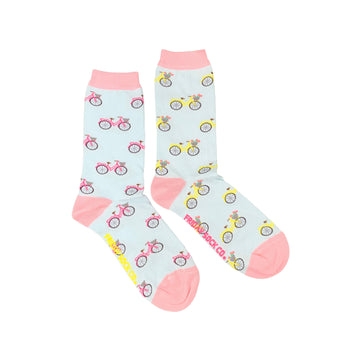 Women’s Socks | Bicycle Socks | Mismatched - Mismatched women's socks with pink cuffs and toes, featuring pink and yellow bicycle patterns, unique handmade Canadian gift.