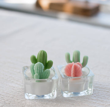 Cactus Tealight Candles | Soy Wax Blend - Handmade Canadian soy wax tealight candles shaped like green and pink cacti in clear glass holders, unique gift idea.