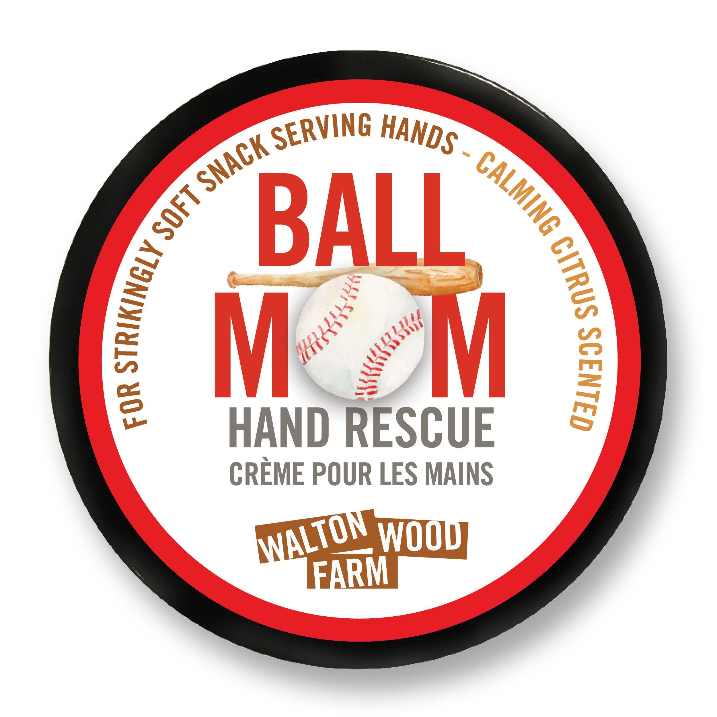 The circular top of the cream container that reads in red "Ball Mom" with a baseball as the O in Mom and a baseball bat under the word Ball