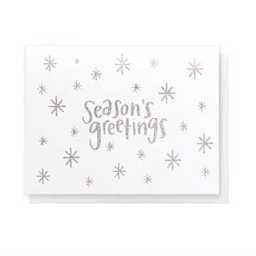 Season's Greetings, Greeting Card - White greeting card with silver foil "Season's Greetings" text and scattered stars, unique handmade Canadian gift.