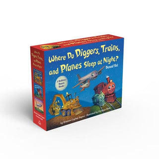 Where do diggers, trains & planes sleep at night?  children's Board Book Gift Set