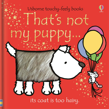 That's Not My Puppy (Board Book) - That's Not My Puppy board book with red cover, textured puppy patch, and colorful balloons, unique handmade Canadian gift.