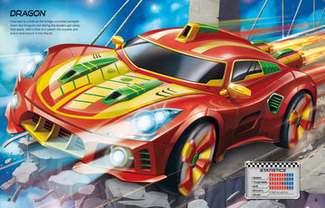 Build Your Own Super Cars Sticker Book - Red yellow sports supercar illustration with flames and speed effects for kids gift book cover.