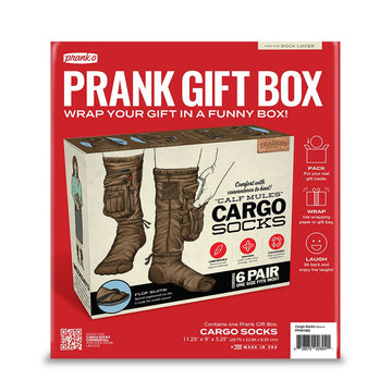 Prank Gift Box Cargo Socks - Red prank gift box featuring humorous California cargo socks design, unique handmade Canadian gift packaging.