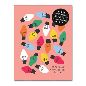 Christmas Lights Card Set - Handmade Canadian Christmas card with colorful light bulb illustrations, unique holiday gift design.