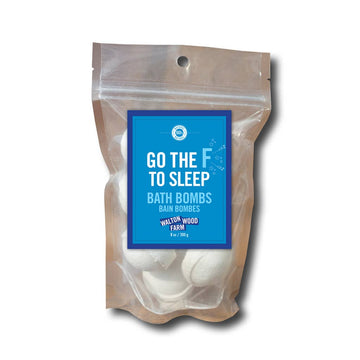 Go the F to Sleep Bath Bombs - Clear resealable pouch with blue label holding white handmade Canadian bath bombs, unique gift idea.