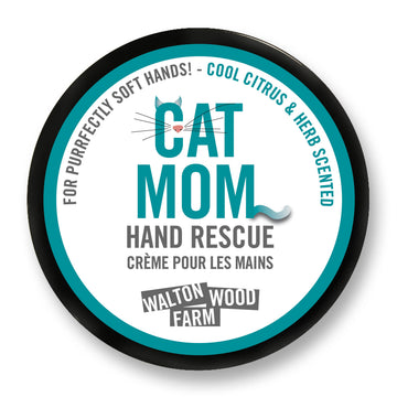 Cat Mom Hand Rescue (4oz) - Cat Mom Hand Rescue cream in round black jar with turquoise and white label, Canadian handmade gift.