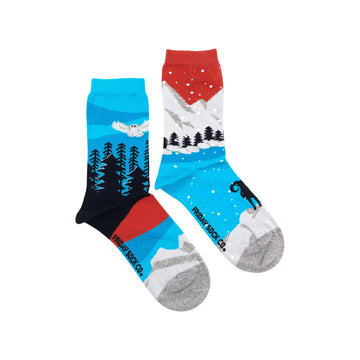 Women's Socks | Canadian Landscape | Rockies | Mismatched - Mismatched handmade Canadian socks with Rockies landscape, red and blue gift set.