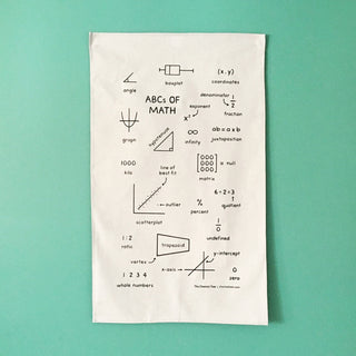 A white tea towel with different mathematical theorems and equations such as ratio, line of best fit, quotient, y-intercept and coordinates