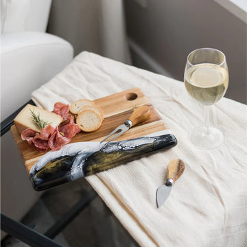 Lynn & Liana Small Cheeseboard (8 x 11") - Handmade Canadian small cheeseboard with black, white, and gold onyx design, perfect unique gift.