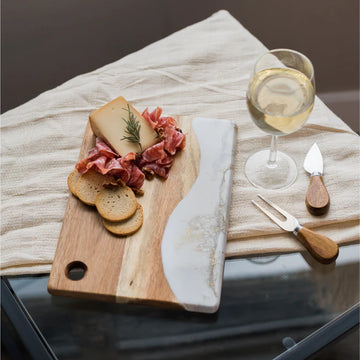 Lynn & Liana Small Cheeseboard (8 x 11") - Handmade Lynn & Liana small cheeseboard with wood and white resin, styled with cheese and charcuterie, Canadian gift.