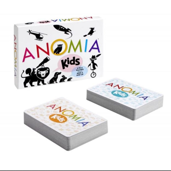Anomia Kids box next to two stacks of game cards