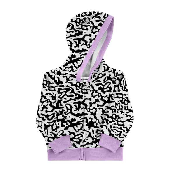 White hoodie with black splotches and purple cuffs