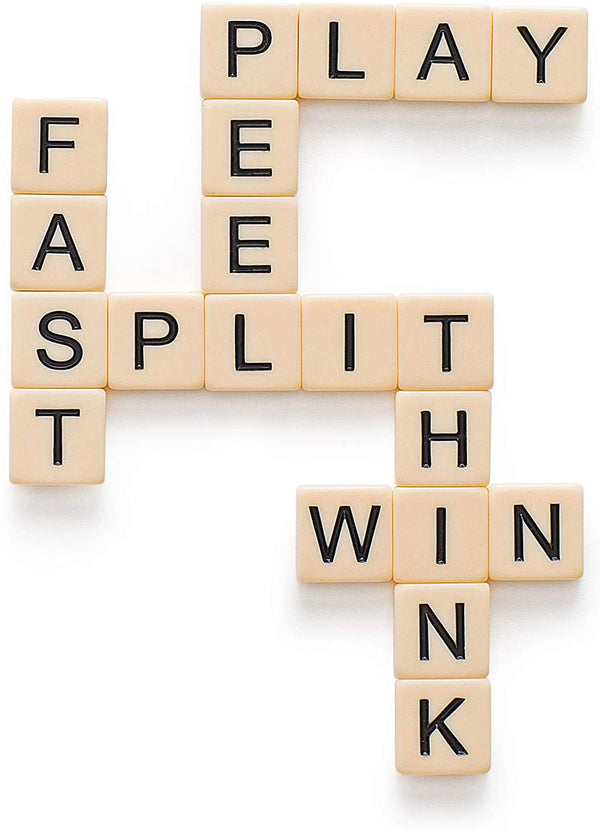 The beige letter tiles arranged to spell the words fast, split, peel, play, think, win.