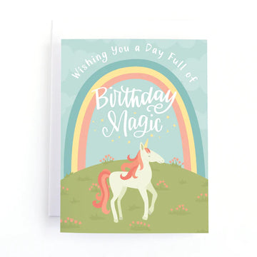 Birthday Magic Greeting Card - Handmade Canadian birthday card with pastel rainbow and unicorn, unique gift design.