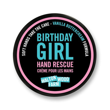 Birthday Girl Hand Rescue (4oz) - Round black tin of Birthday Girl Hand Rescue with pink and blue label, handmade Canadian gift cream.