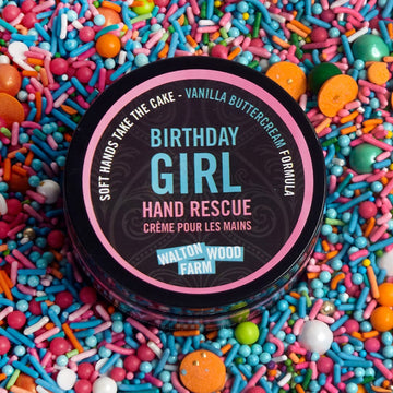 Birthday Girl Hand Rescue (4oz) - Birthday Girl Hand Rescue cream jar with vanilla buttercream scent on colorful sprinkle background, unique Canadian handmade .