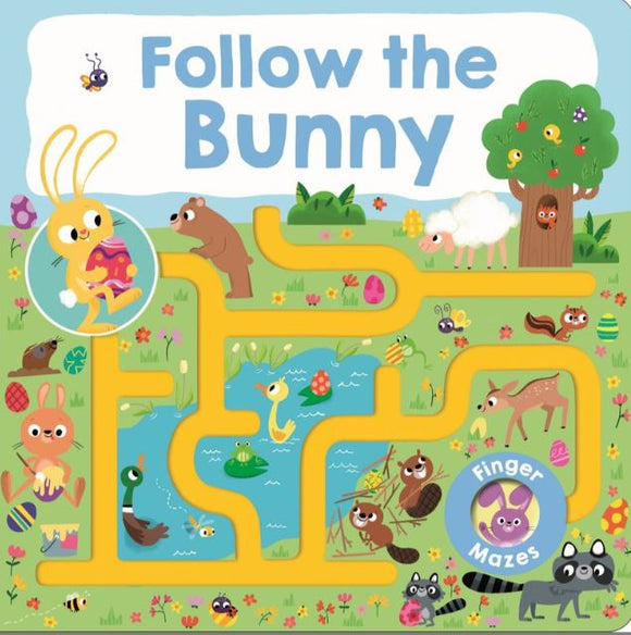 Follow the Bunny (Board Book) - Colorful handmade Canadian board book cover showing a playful bunny maze with forest animals, perfect gift for babies.