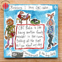 A blue magnet with 3 people doing everyday activities and the words “Why I love CBC Radio… CBC Radio is like having another family member in the room, talking all the time as I go about my day”