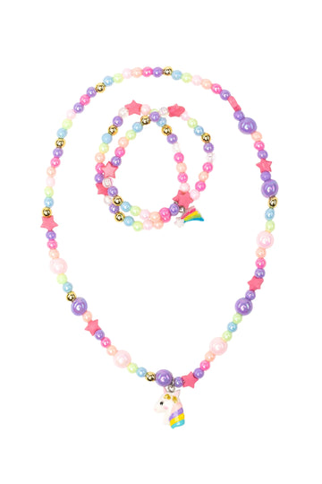 Cheerful Starry Unicorn Necklace & Bracelet Set - Handmade Canadian kids necklace and bracelet set with colorful beads and starry unicorn charms, unique gift accessory.