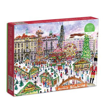 Michael Storrings Christmas Market 1000pc Puzzle - Michael Storrings Canadian handmade Christmas Market 1000-piece puzzle gift with festive winter village scene.